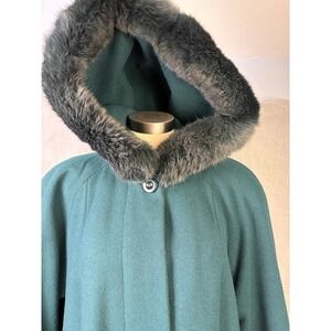Vintage Donny Brook 90s Teal Wool Swing Coat Genuine Rabbit Fur Trim Hood 14‎